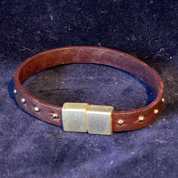 Vintage J. Crew Brown Leather and Stainless Studded Magnetic Bracelet - Picture 1 of 7